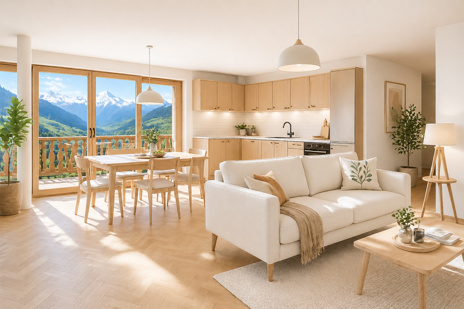 Helles offenes Wohn-Esszimmer mit Küche und Bergblick