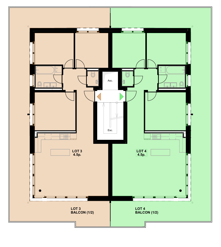 Wohnungsgrundriss mit zwei Einheiten und Balkonen