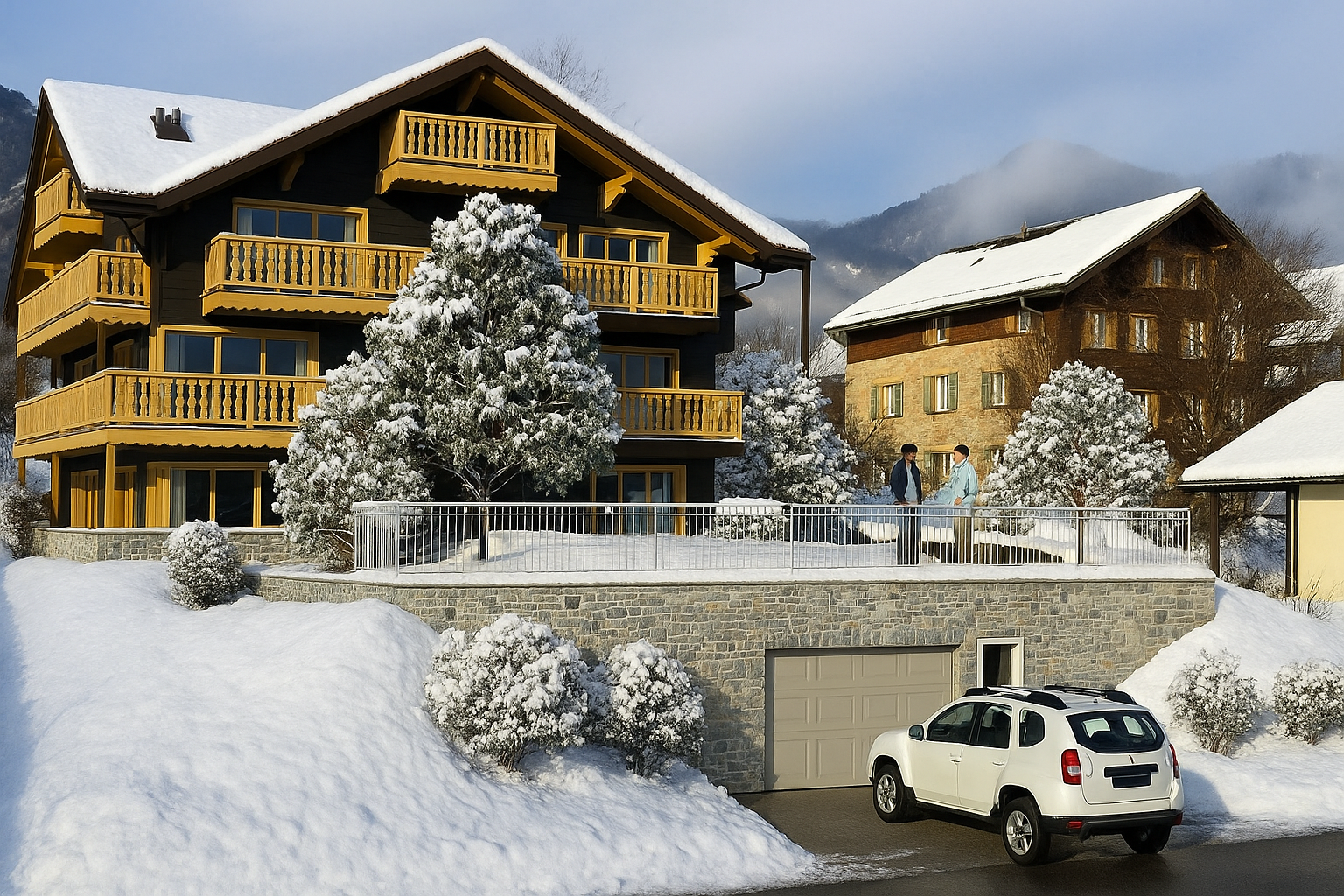 Schneebedecktes Chalet mit Alpenblick