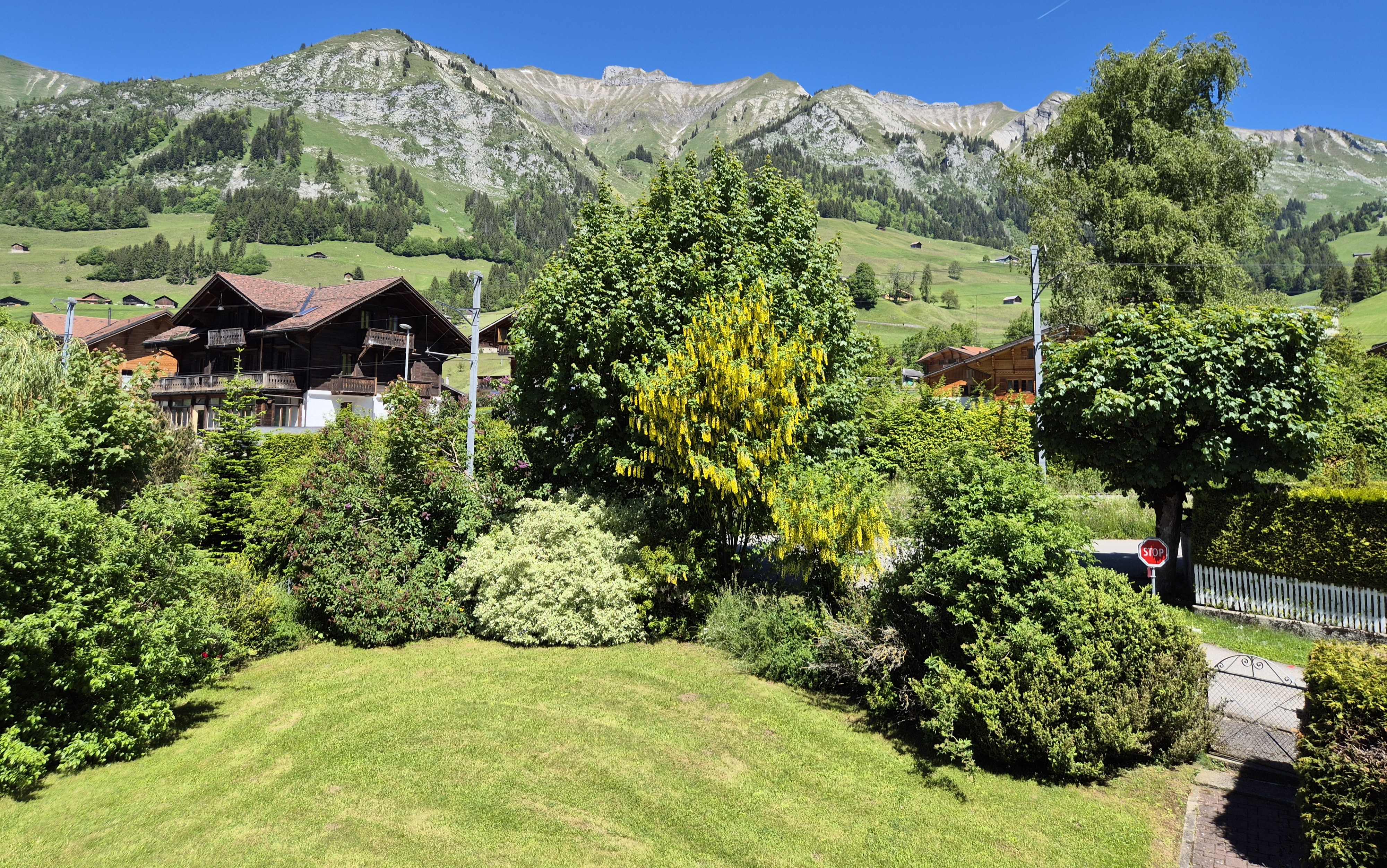 Alpenlandschaft mit Garten und Chalets