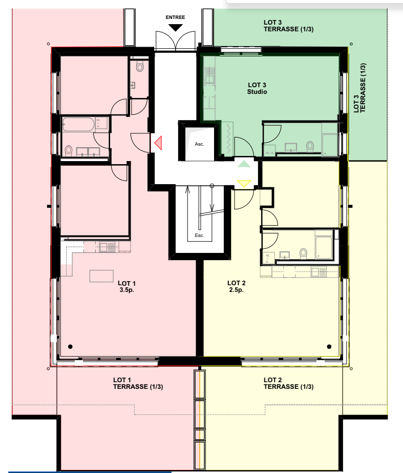 Grundriss mit drei Lots, Terrasse und Erschließung