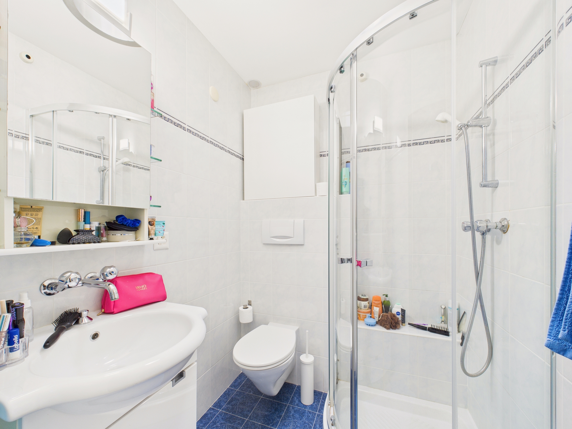 Kleines helles Badezimmer mit Dusche und WC