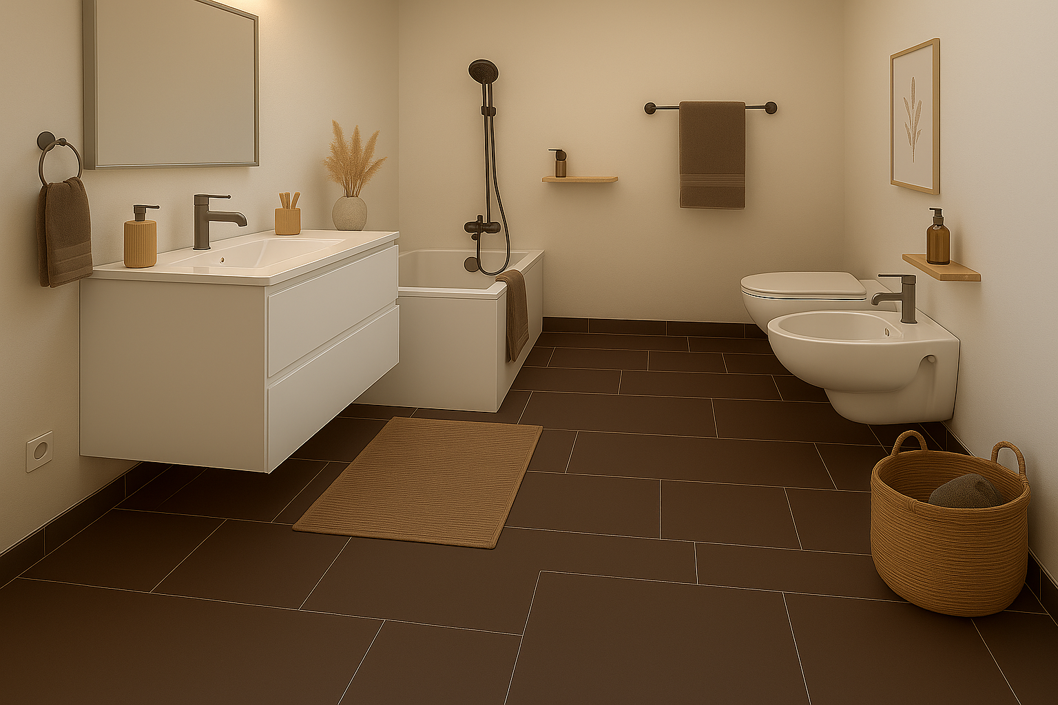 Modernes Badezimmer in warmen Naturtönen
