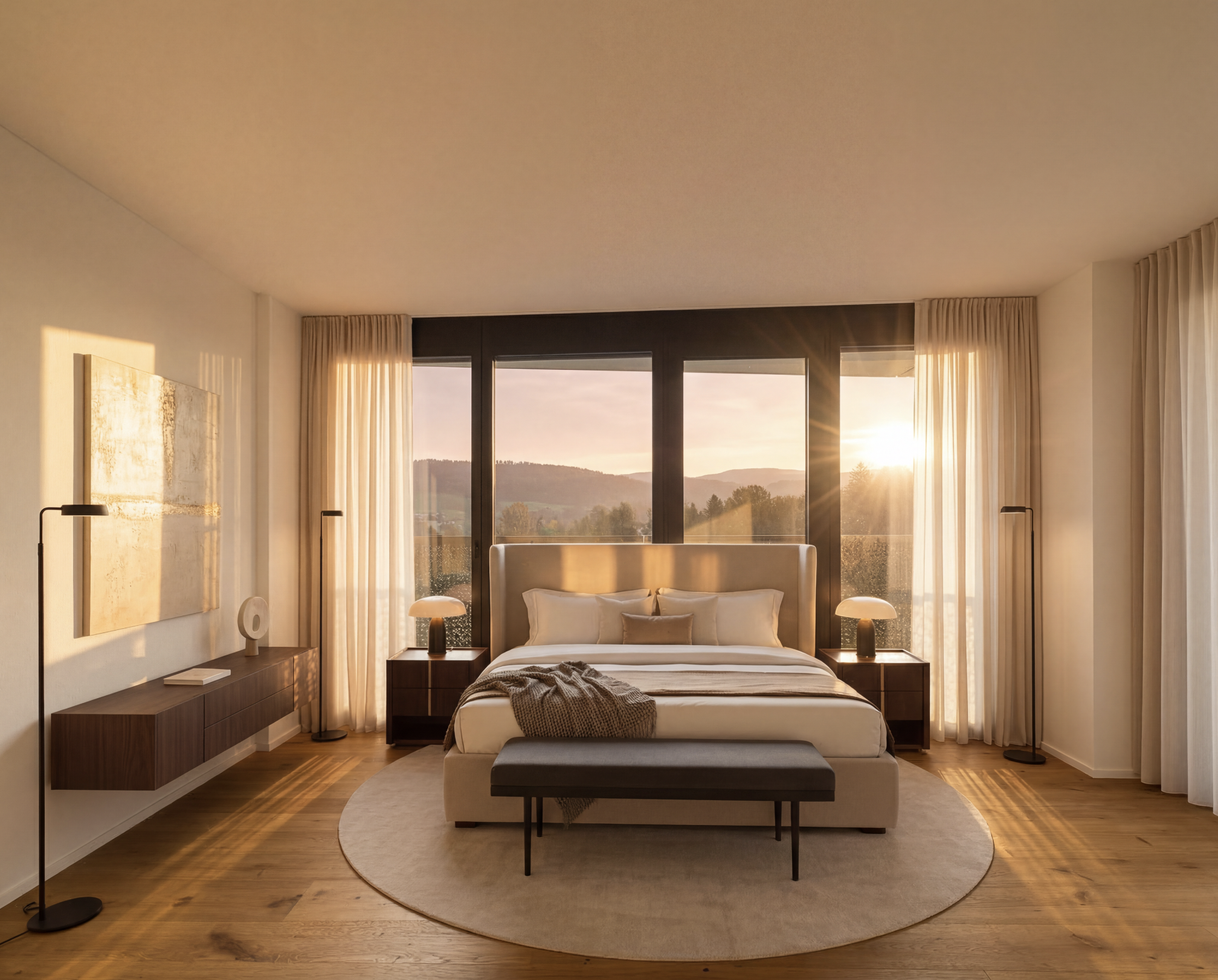 Helles modernes Schlafzimmer mit Panoramafenster