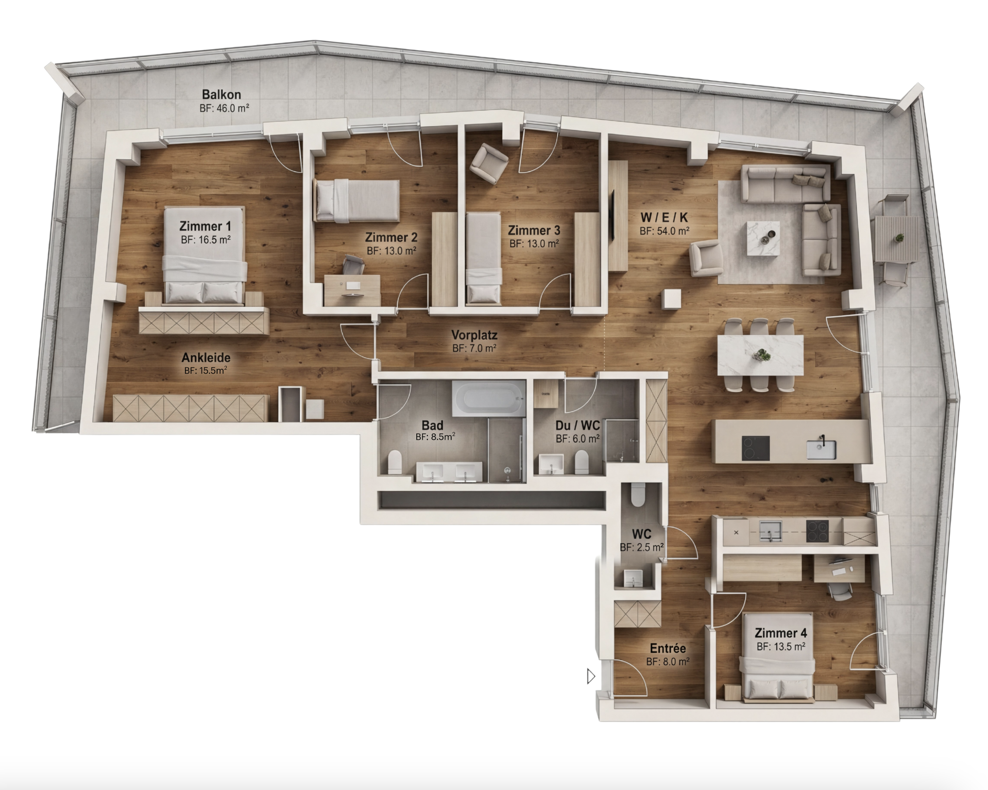 Wohnungs-Grundriss mit Balkon und vier Zimmern
