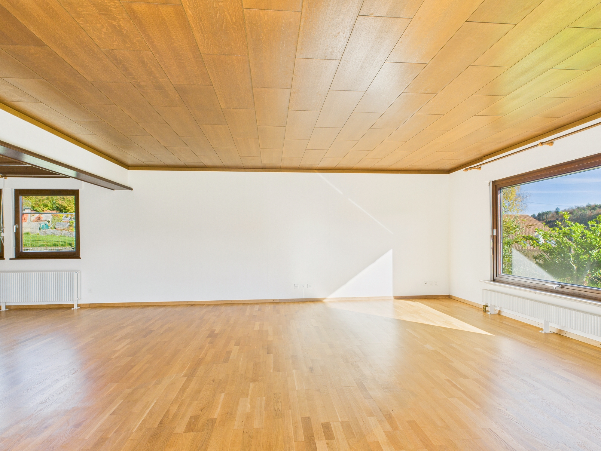 Heller leerer Wohnraum mit Holzdecke