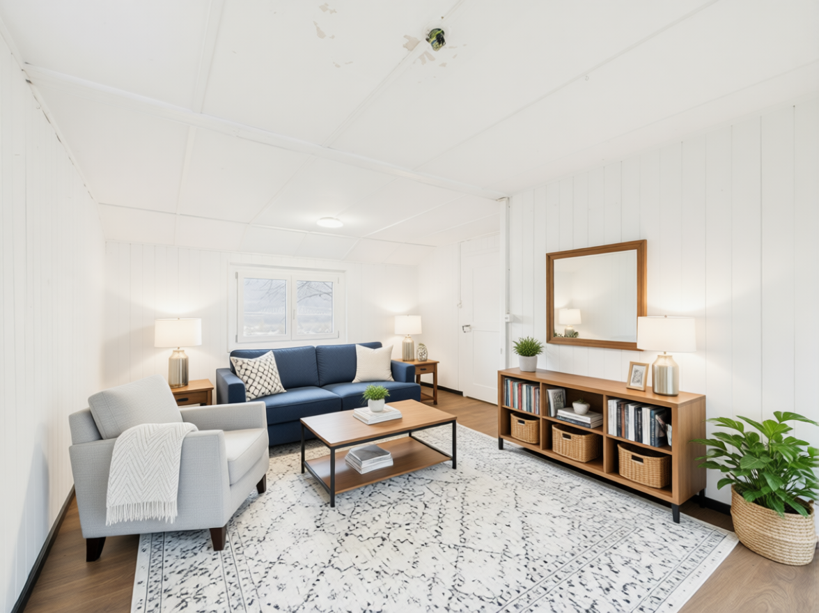 Helles, eingerichtetes Wohnzimmer mit blauen und grauen Sitzmöbeln