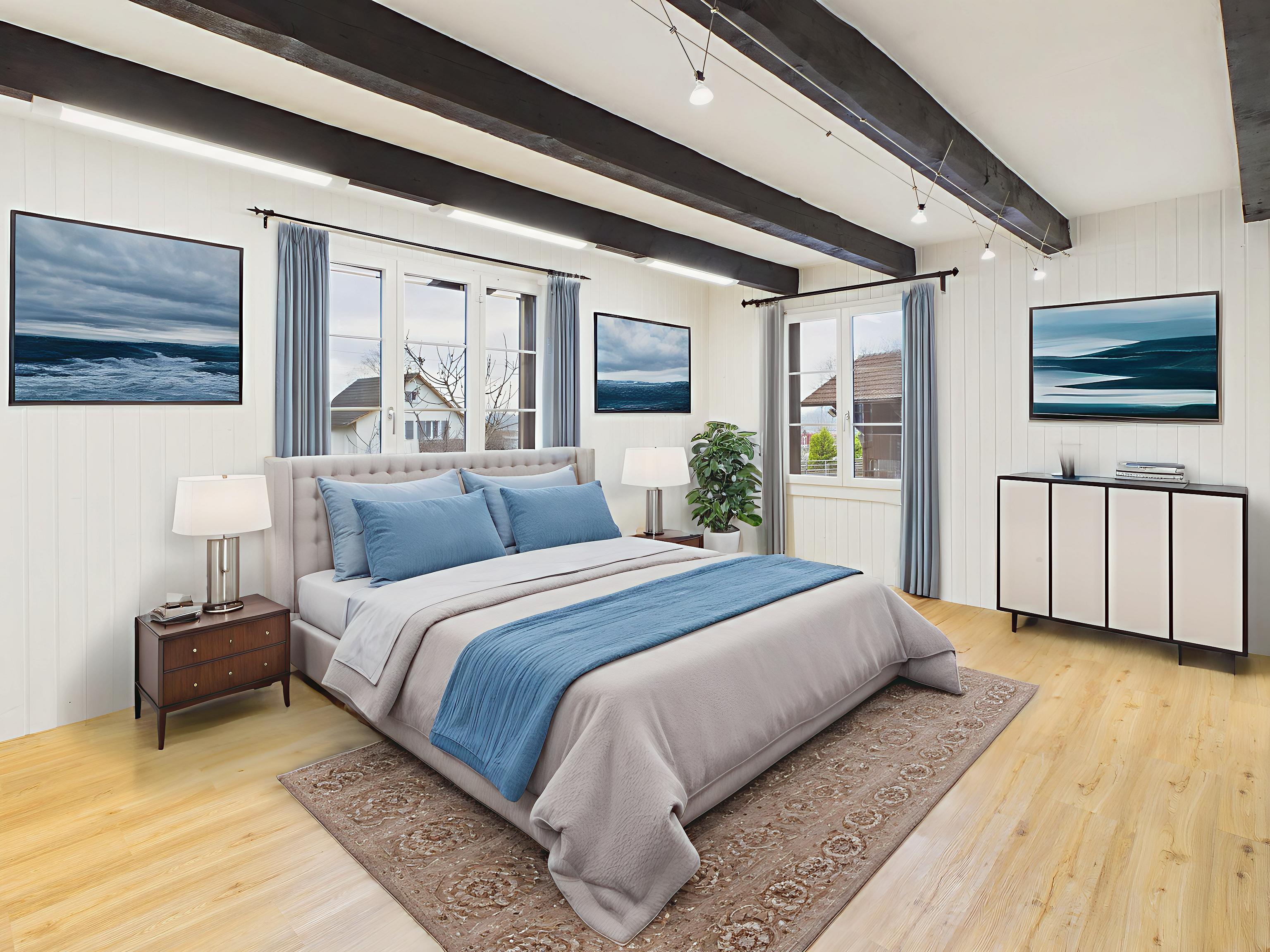 Helles Schlafzimmer mit Dachbalken