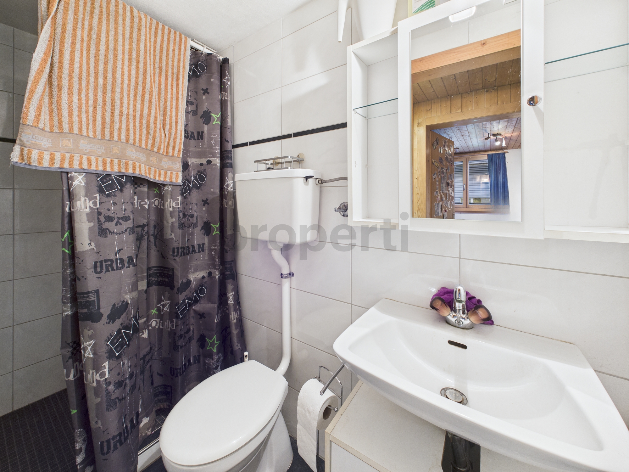 Kleines Badezimmer mit Dusche, WC und Waschbecken