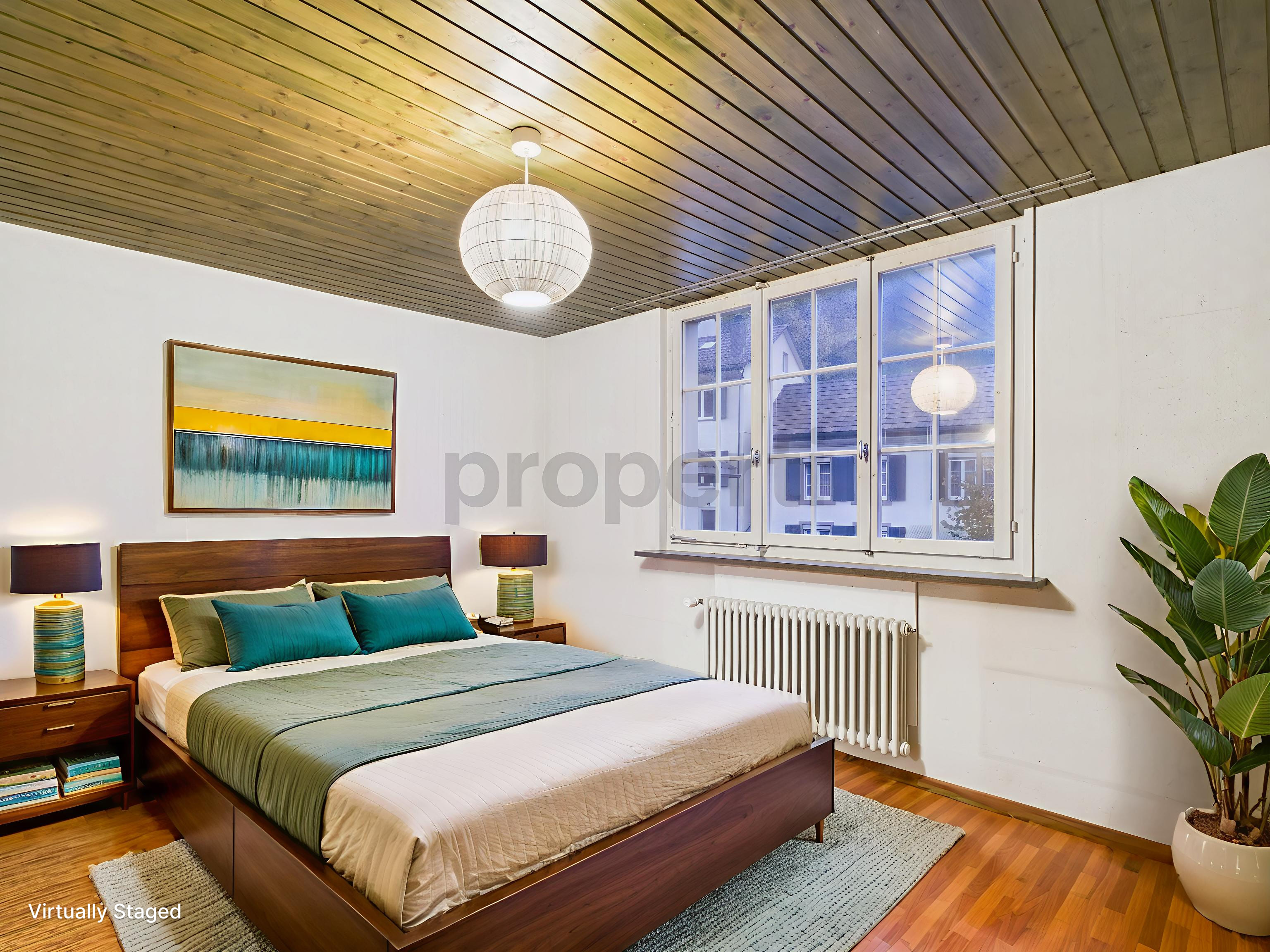 Virtuell gestyltes Schlafzimmer mit Holzdecke