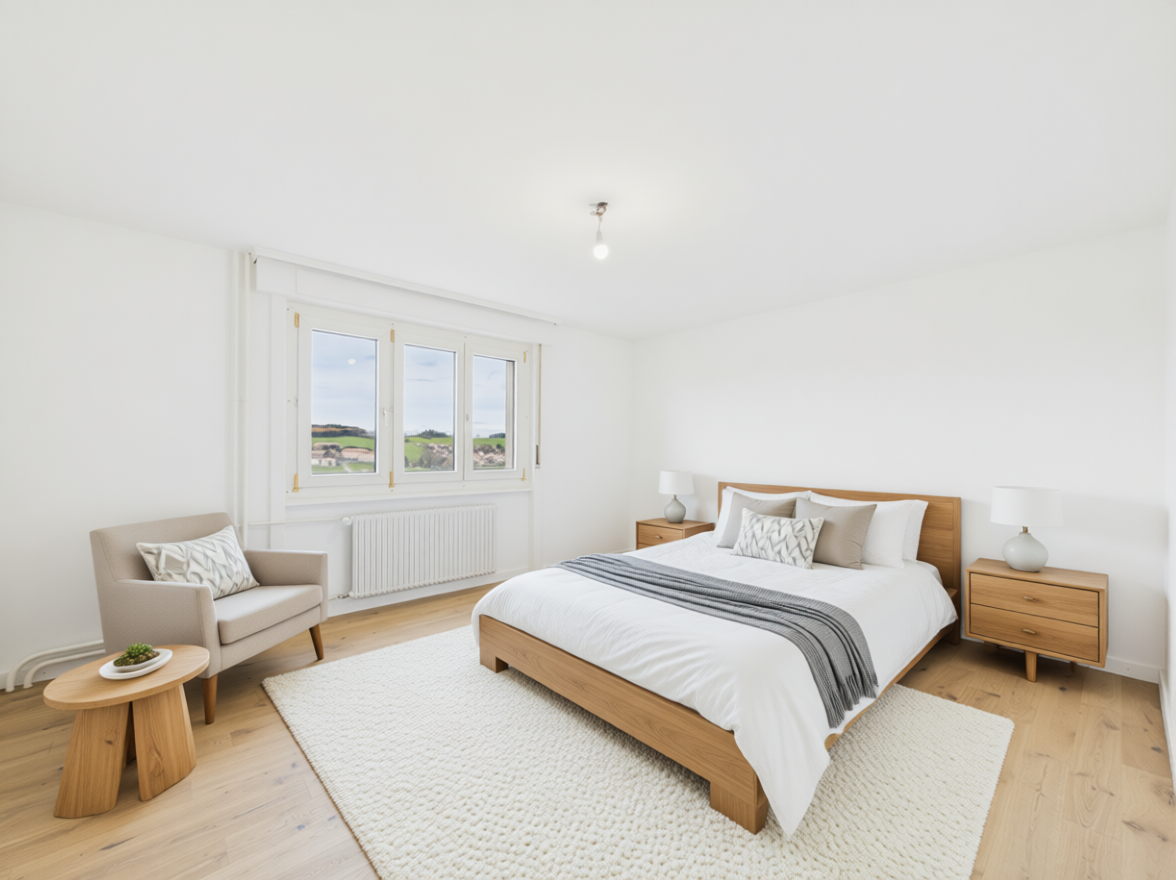 Helles Schlafzimmer mit Holzmöbeln