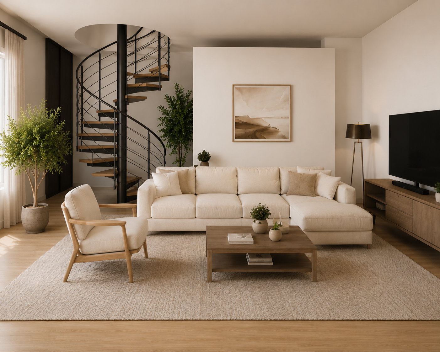 Modernes Wohnzimmer mit Wendeltreppe