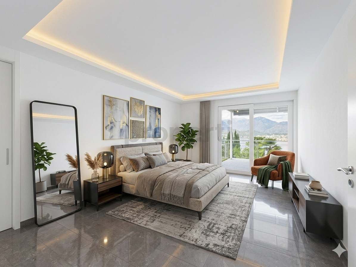 Modernes Schlafzimmer mit Balkonblick