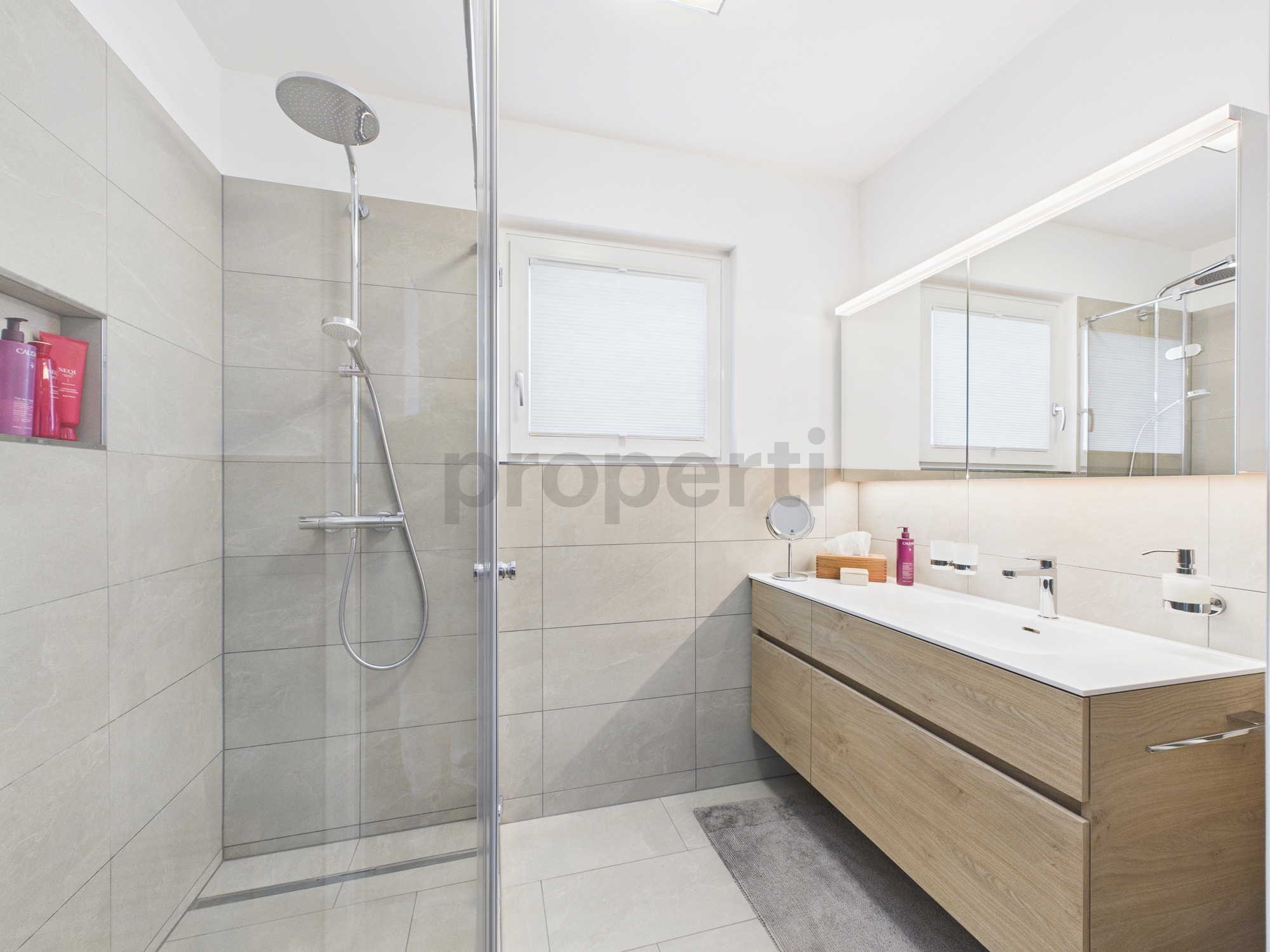 Modernes Badezimmer mit Dusche und Waschtisch