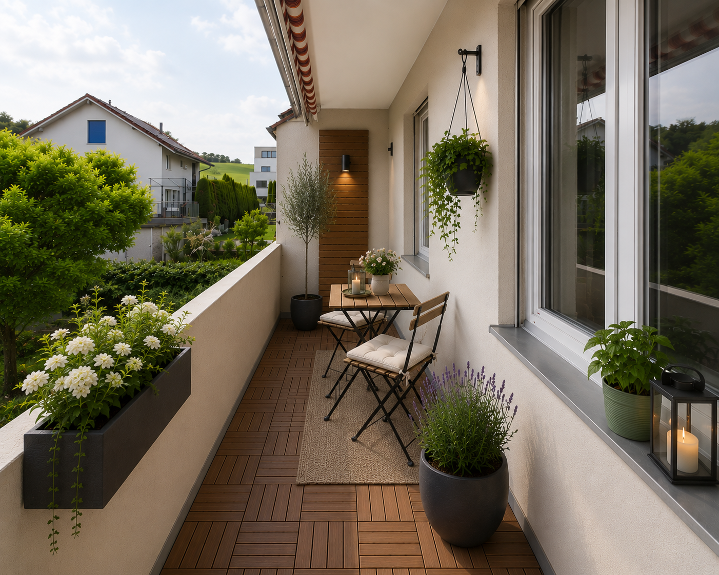 Gemütlicher Balkon mit Pflanzen und Bistro-Sitzplatz