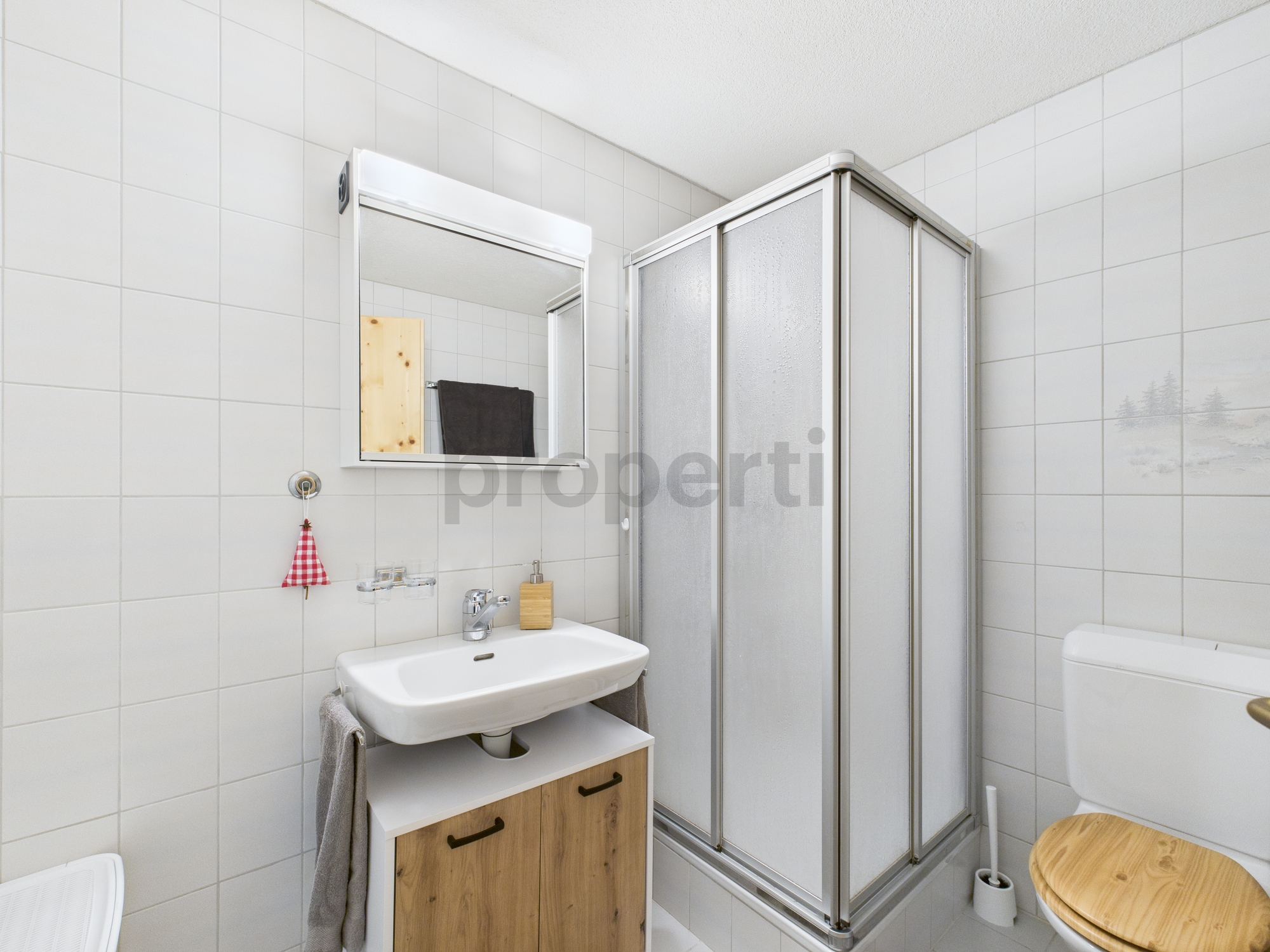 Kleines Badezimmer mit Dusche, Waschplatz und WC