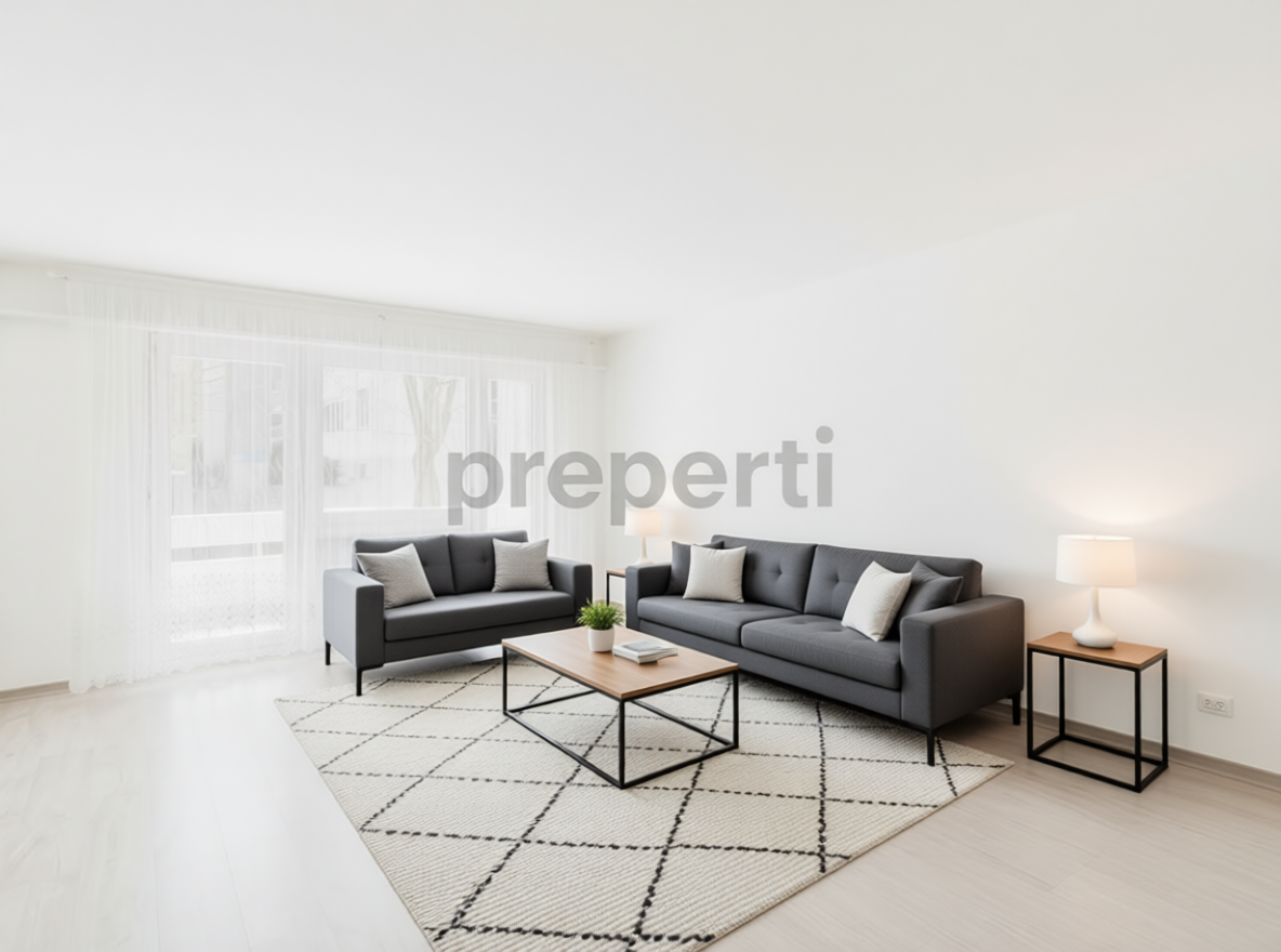 Helles, modernes Wohnzimmer mit zwei Sofas