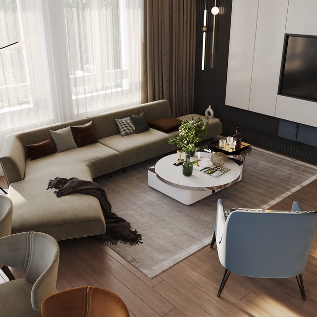 Modernes Wohnzimmer mit großem Ecksofa und TV-Wand