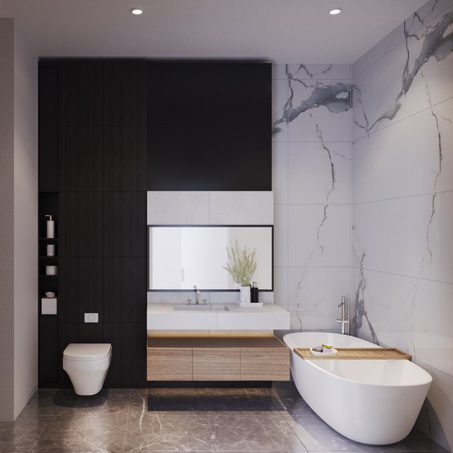 Modernes Badezimmer mit freistehender Wanne und dunkler Akzentwand