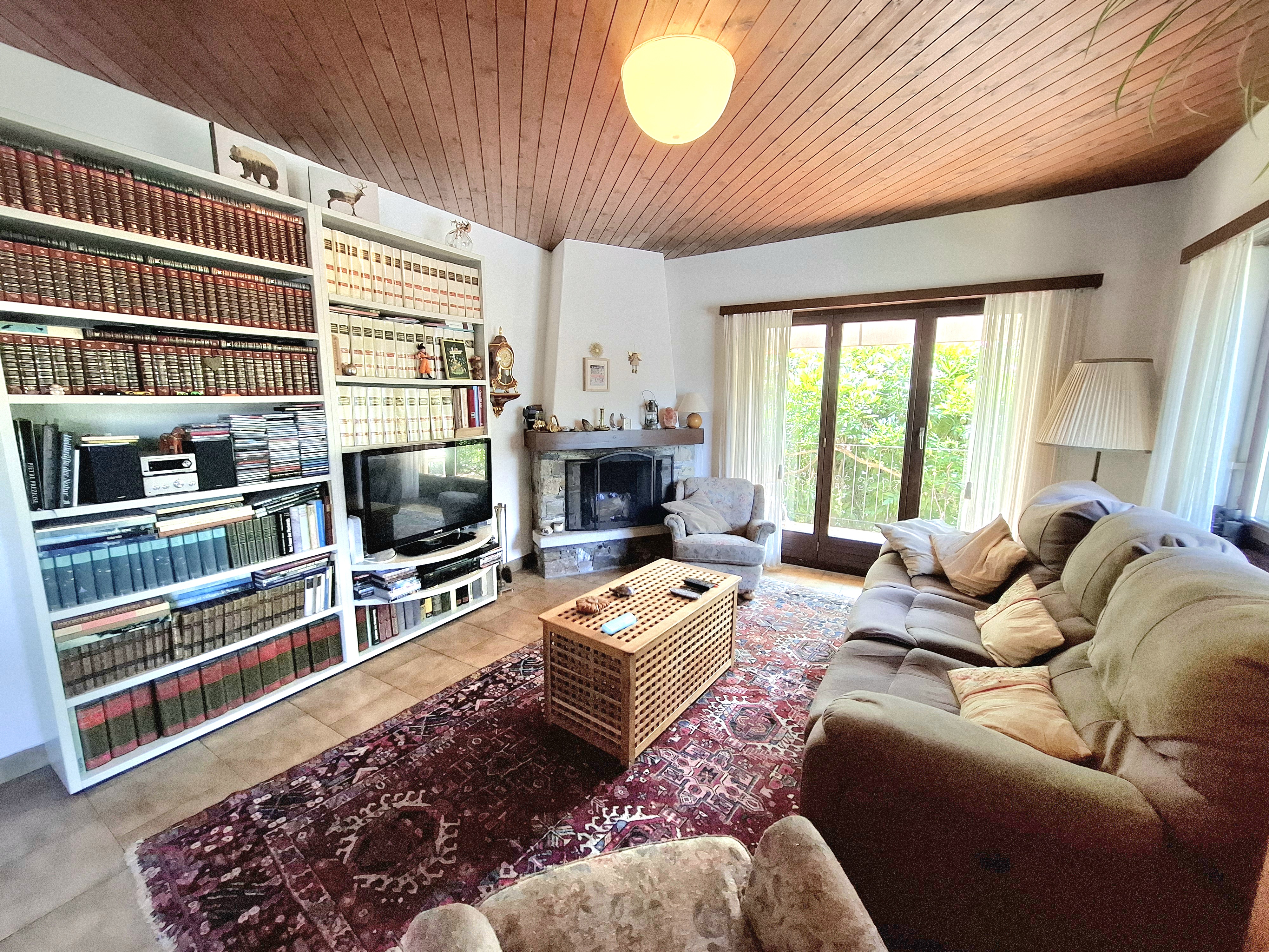 Gemütliches Wohnzimmer mit Bücherwand und Kamin