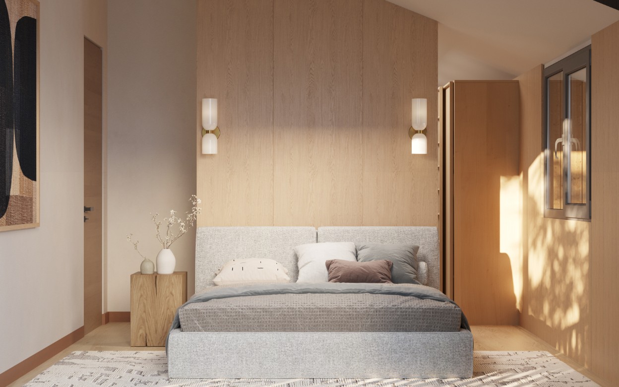 Modernes Schlafzimmer mit warmen Holzelementen