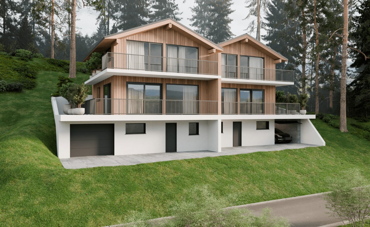 Moderner Hangbau mit Holzfassade und Balkonen