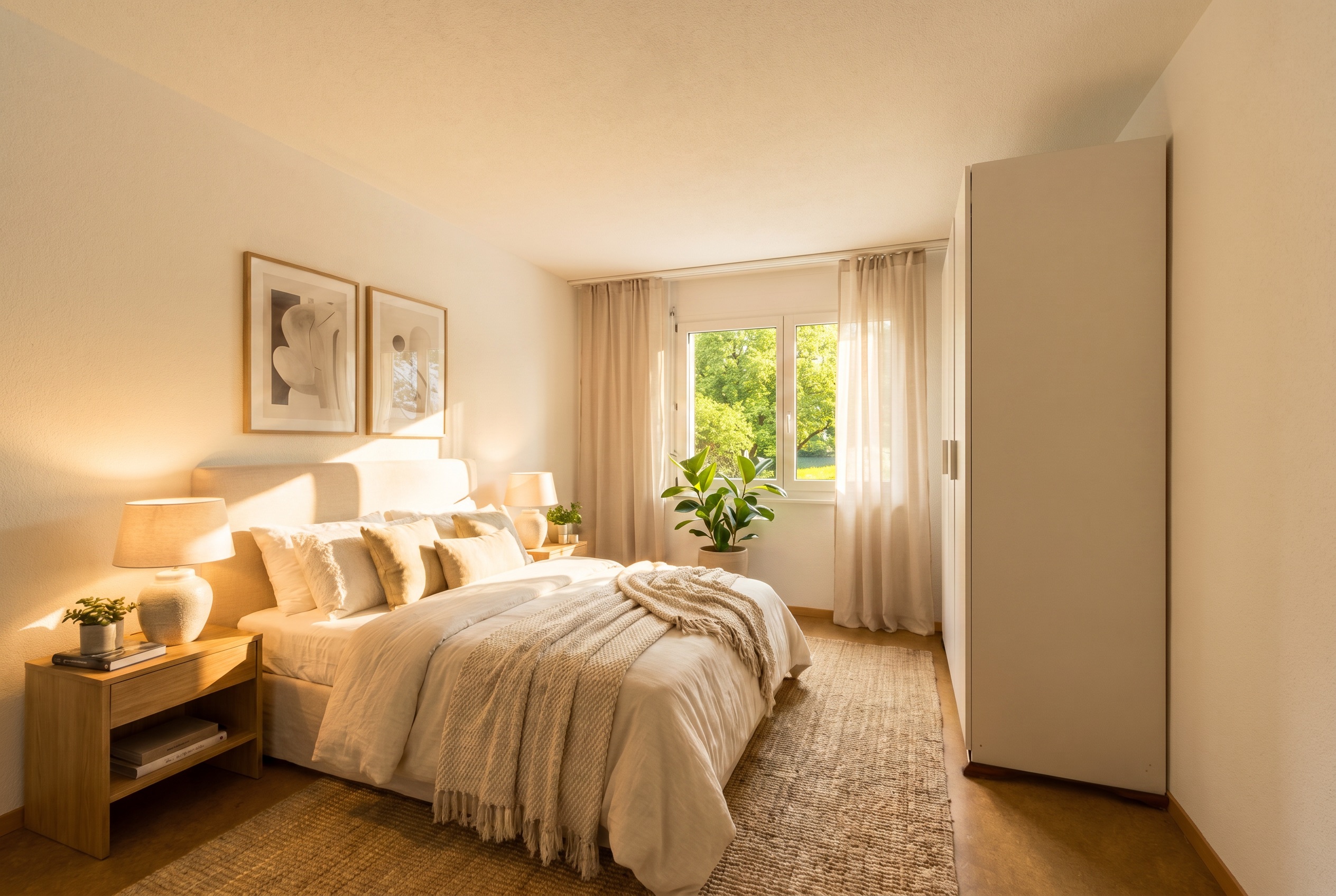 Helles, minimalistisch eingerichtetes Schlafzimmer