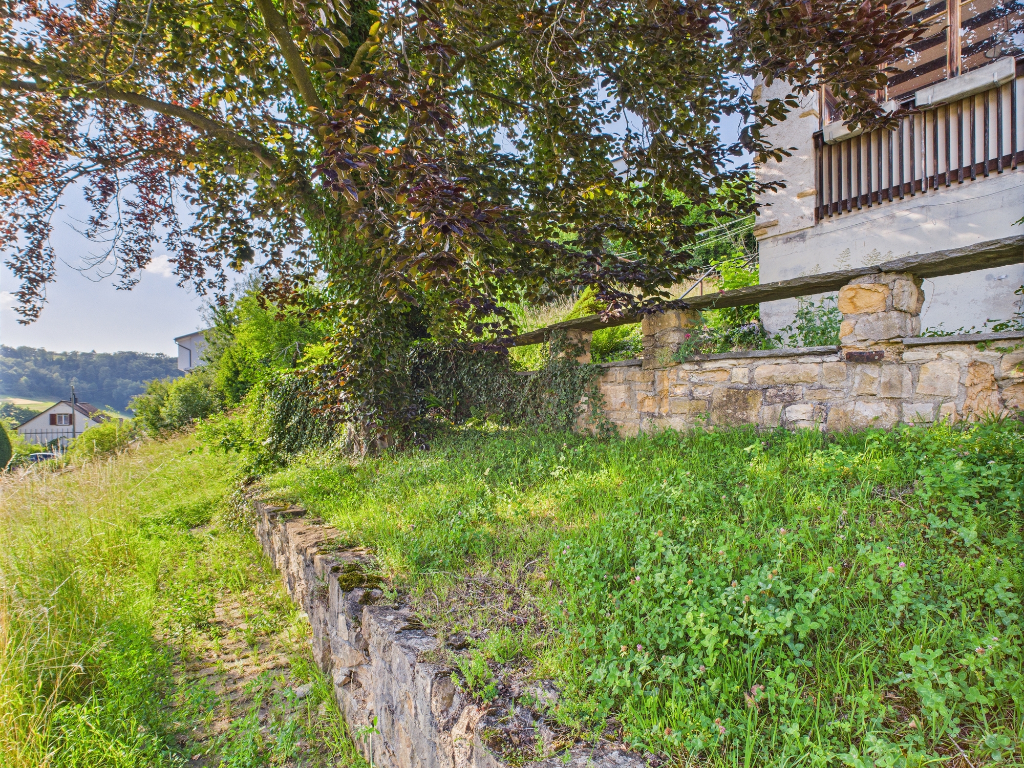 Gartenhang mit Steinmauer und Hausfassade