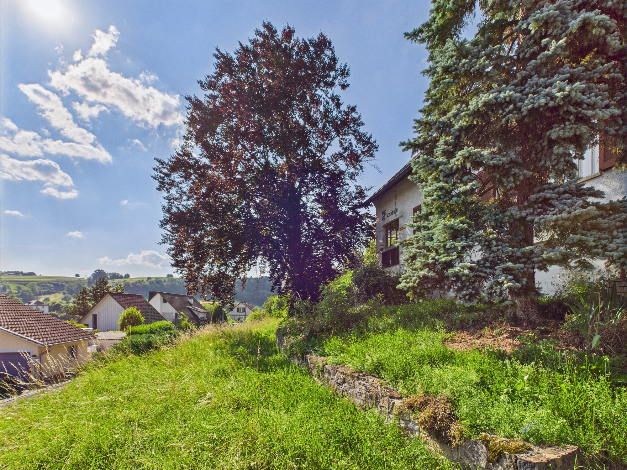 Ländlicher Garten mit Blick über Wohnhäuser