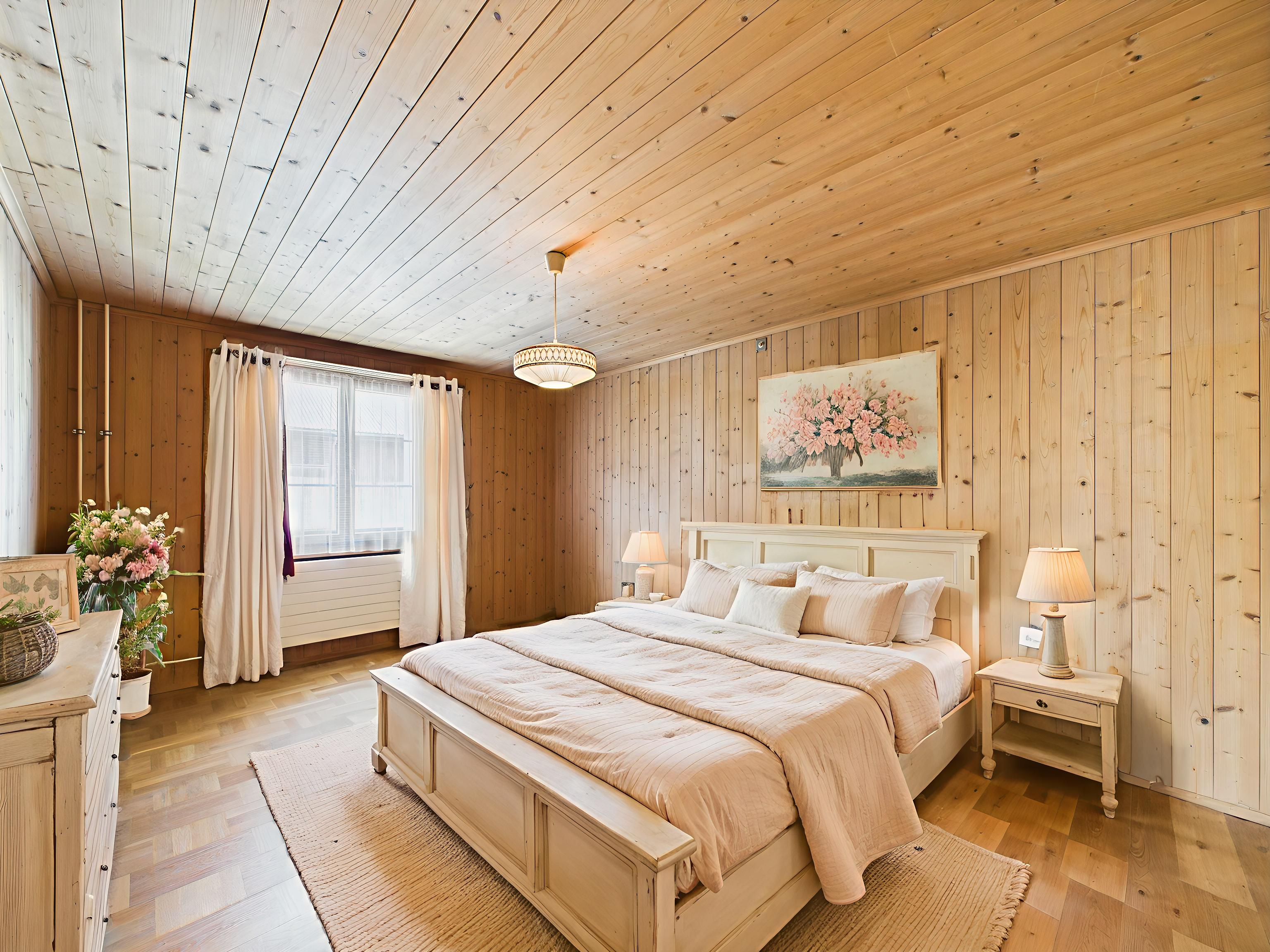 Gemütliches Schlafzimmer mit Holzvertäfelung