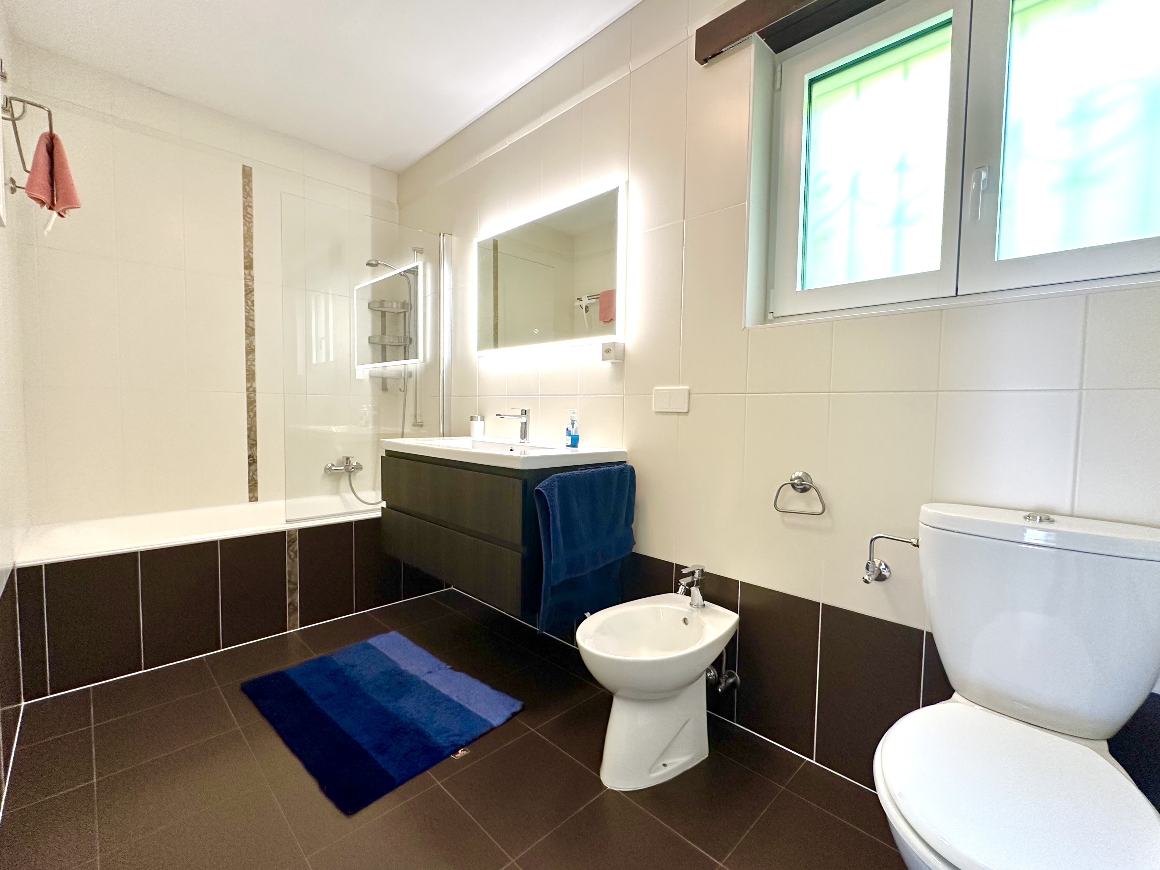 Modernes Badezimmer mit Dusche, Waschtisch und WC