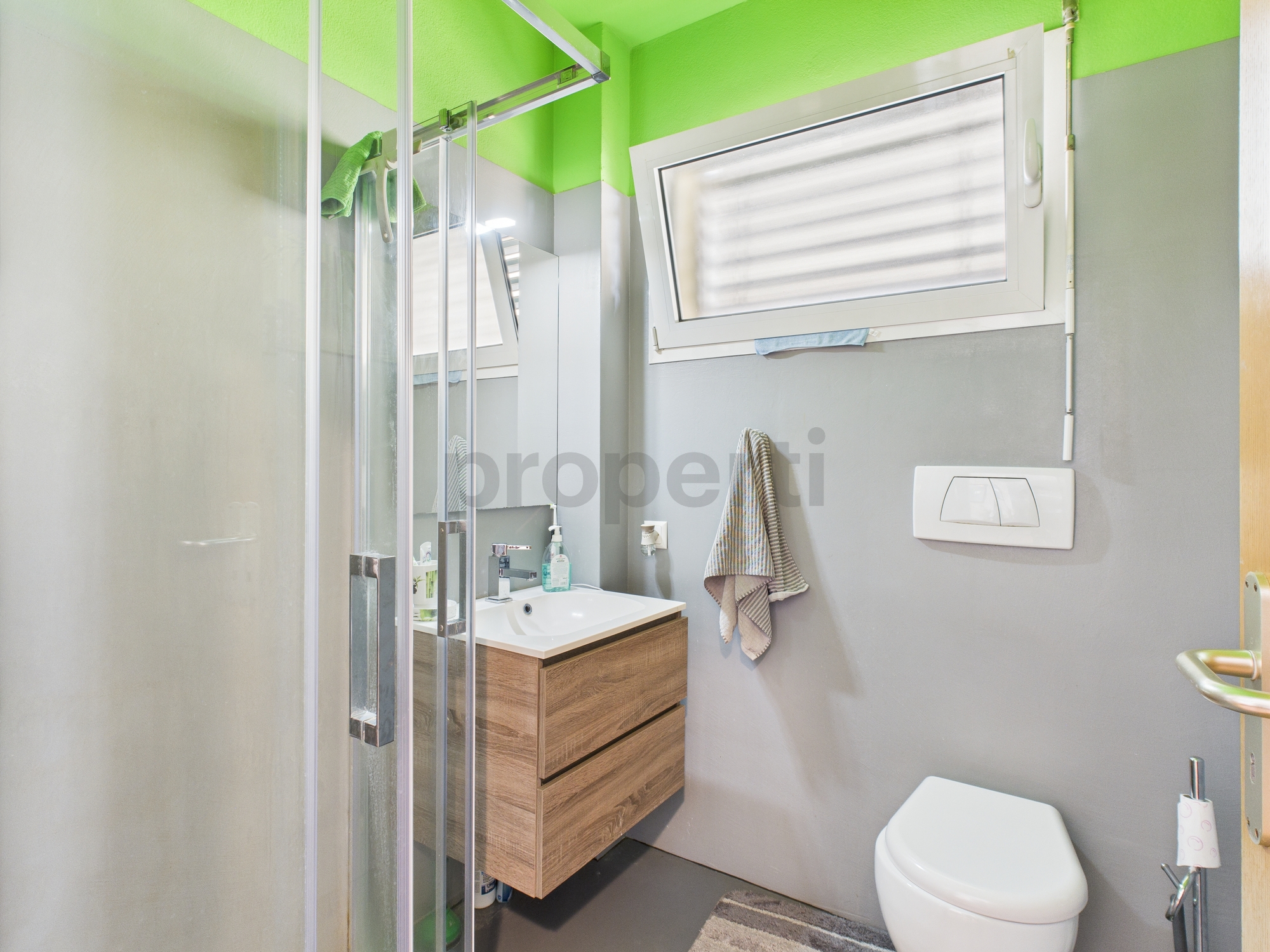 Kleines modernes Badezimmer mit Dusche, Waschtisch und WC