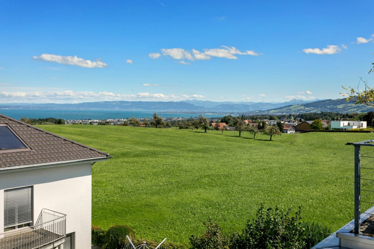 Blick über grüne Wiese auf See und Berge