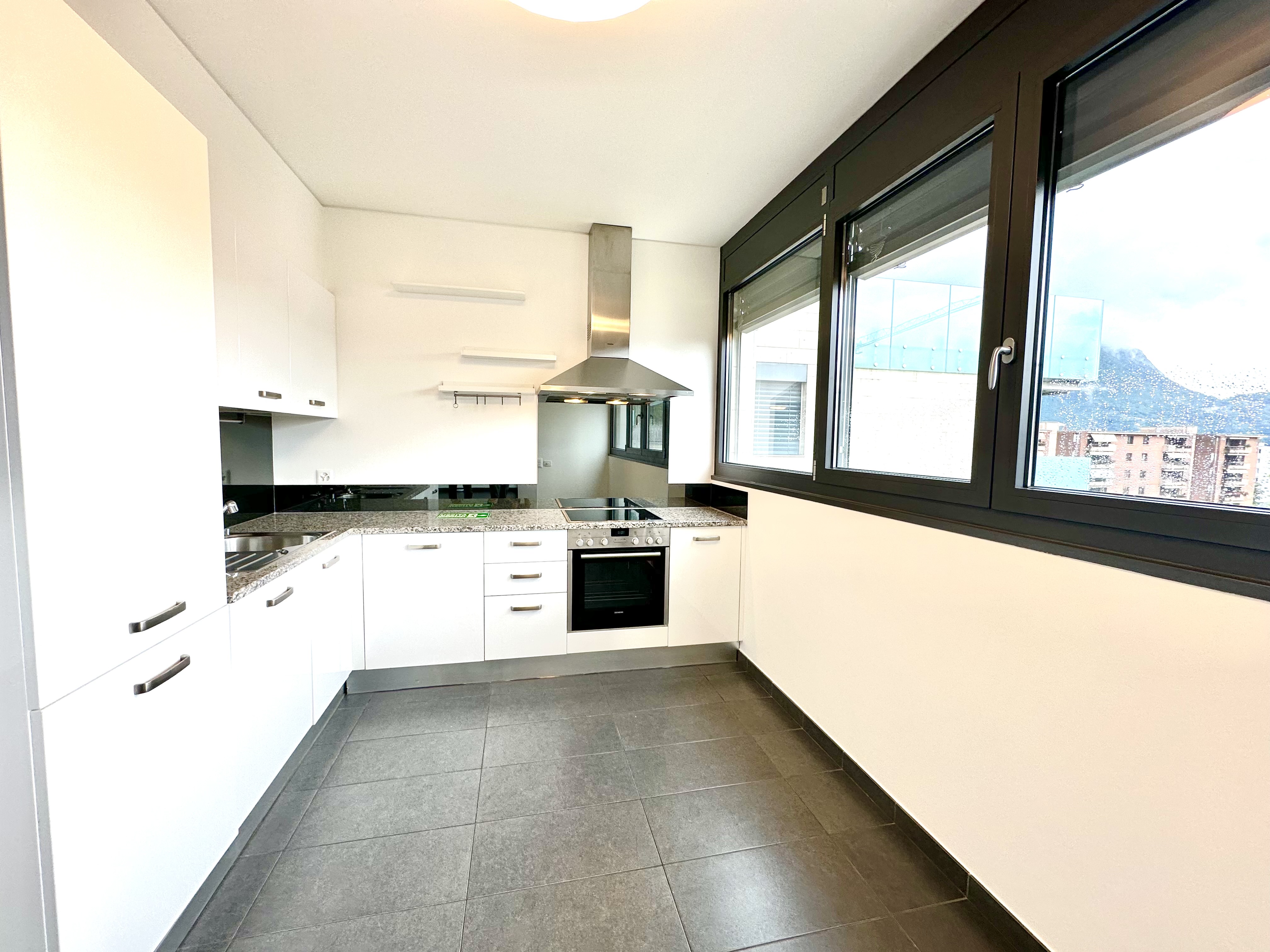 Moderne Küche mit großen Fenstern