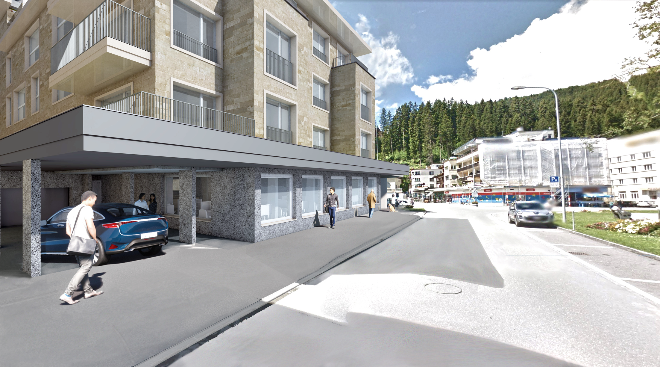 Moderne Wohnanlage an einer Straße im Gebirge
