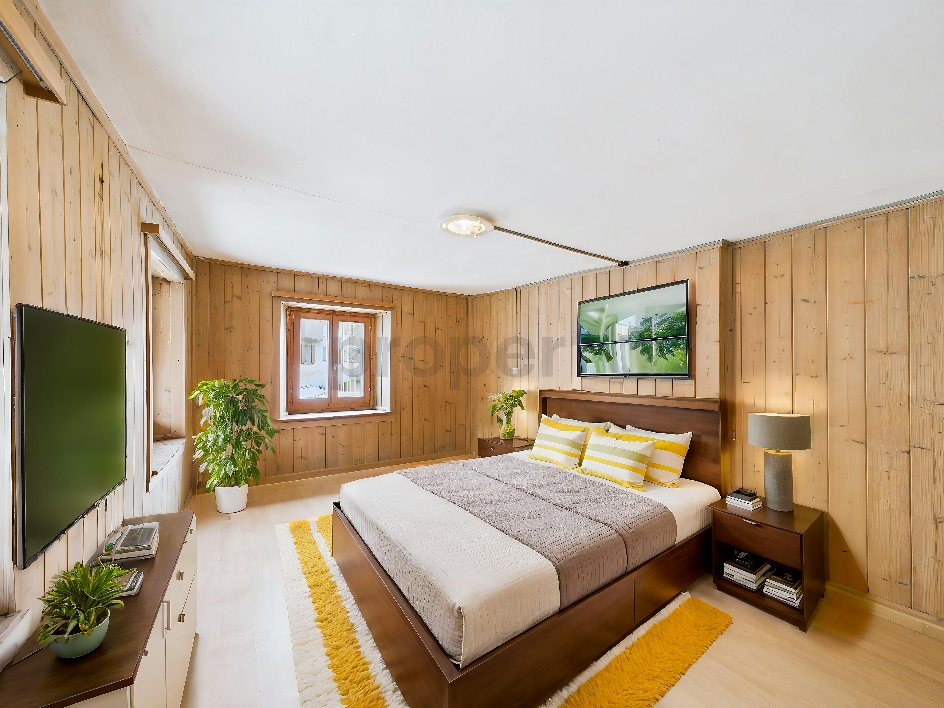Gemütliches Schlafzimmer mit Holzvertäfelung