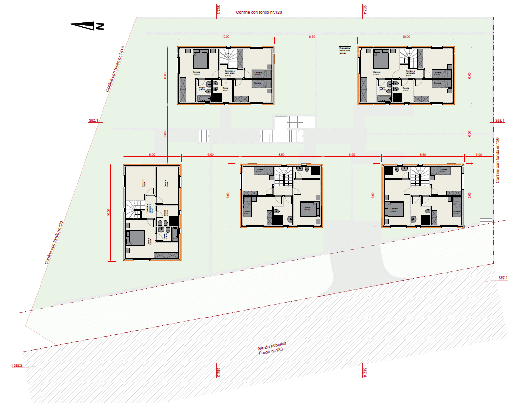 Grundriss eines Wohnprojekts mit mehreren Gebäudeeinheiten