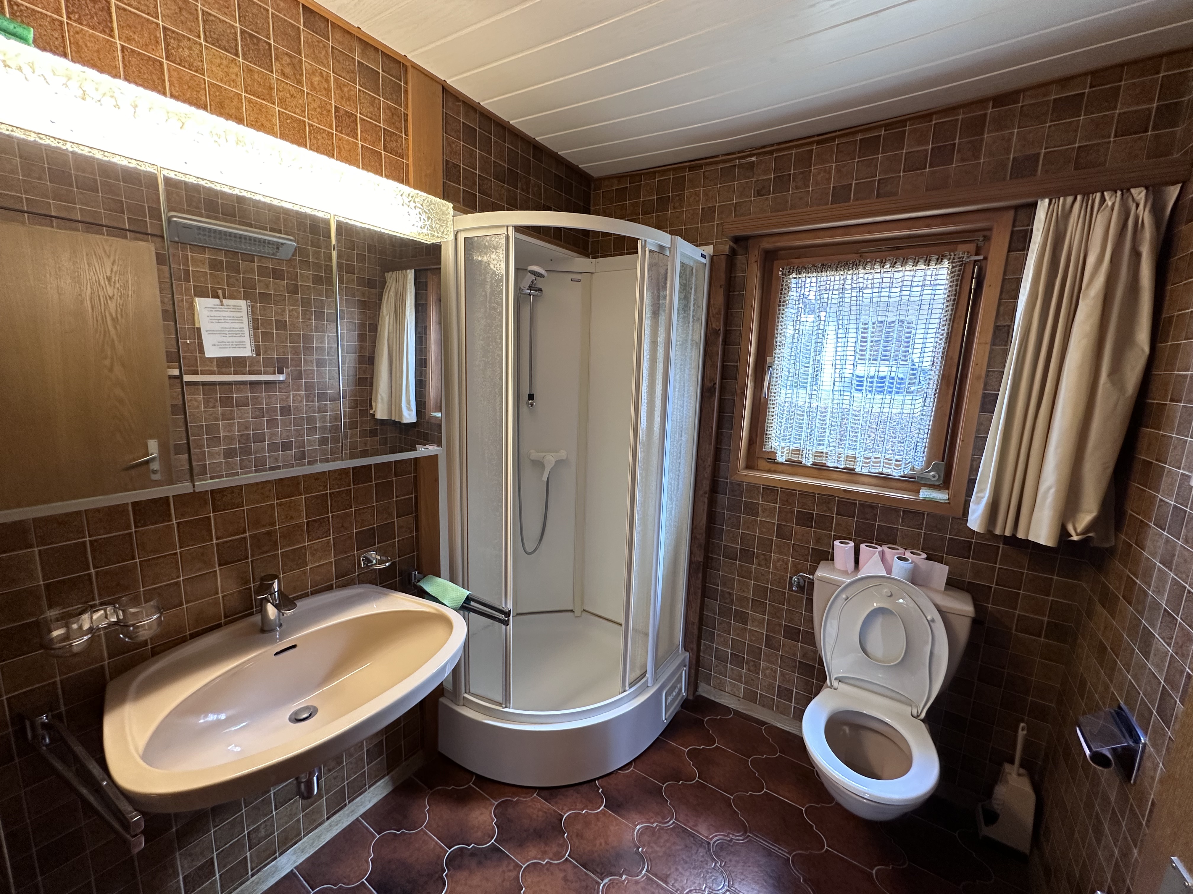Badezimmer mit Dusche, Waschbecken und WC