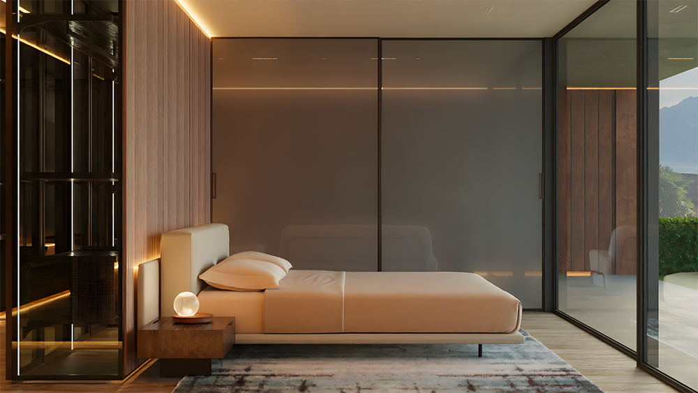 Modernes Schlafzimmer mit bodentiefer Verglasung