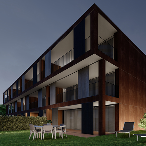 Modernes Mehrfamilienhaus mit Holzfassade
