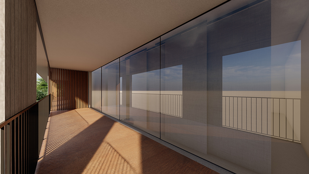 Überdachter Balkon mit Glasfront