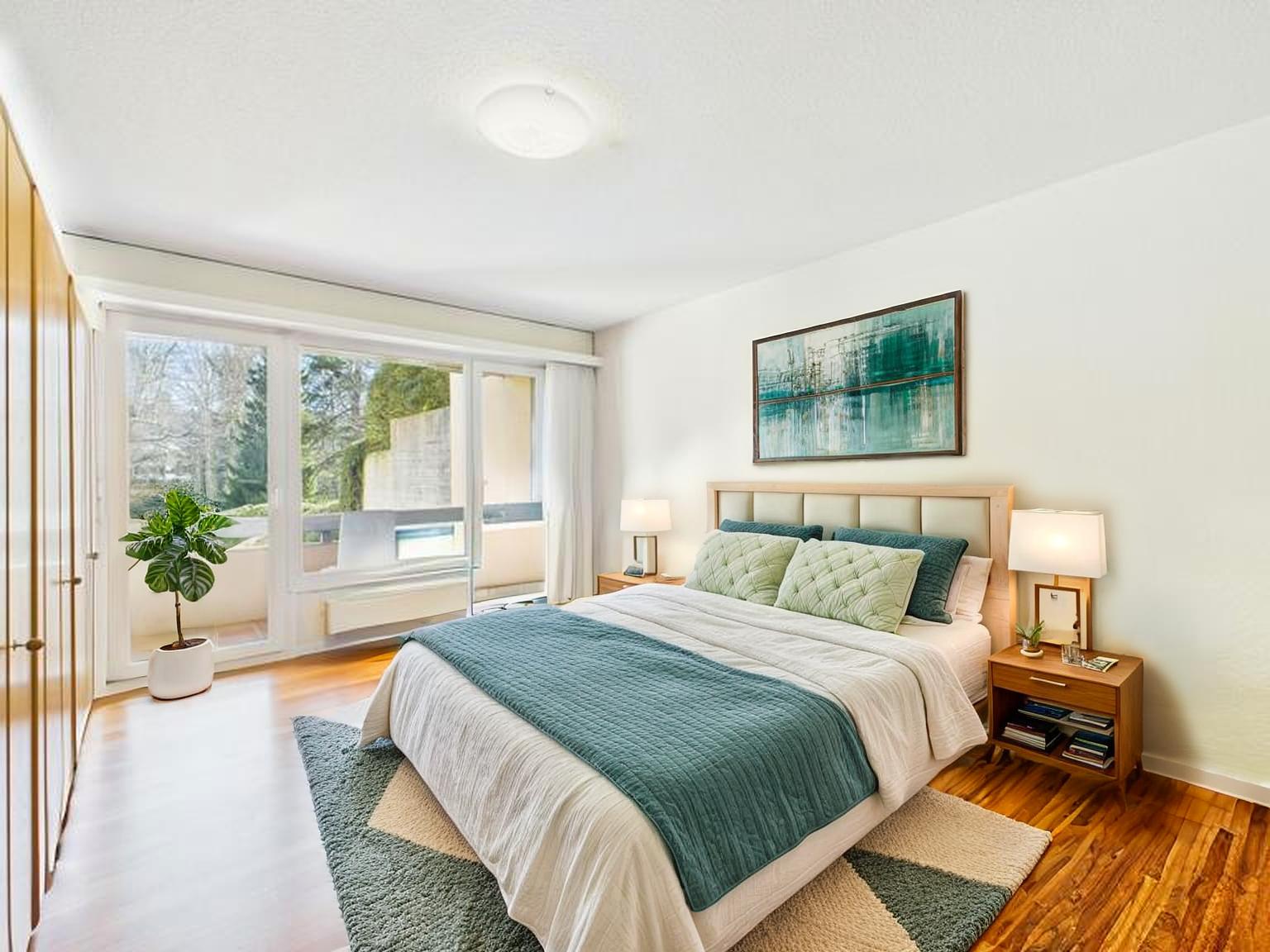 Helles, modern eingerichtetes Schlafzimmer mit Balkonblick