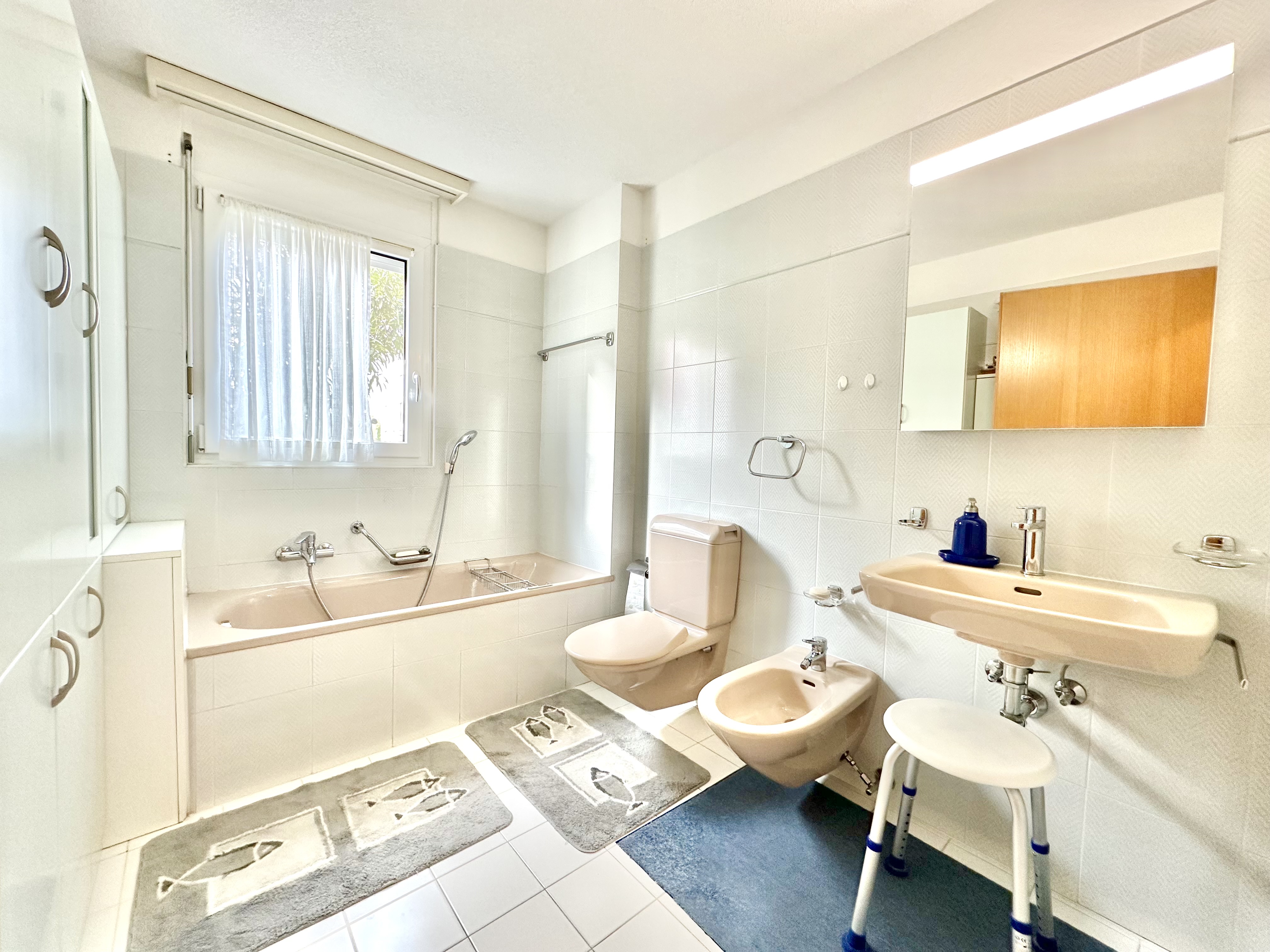 Helles Badezimmer mit Badewanne, WC und Waschbecken