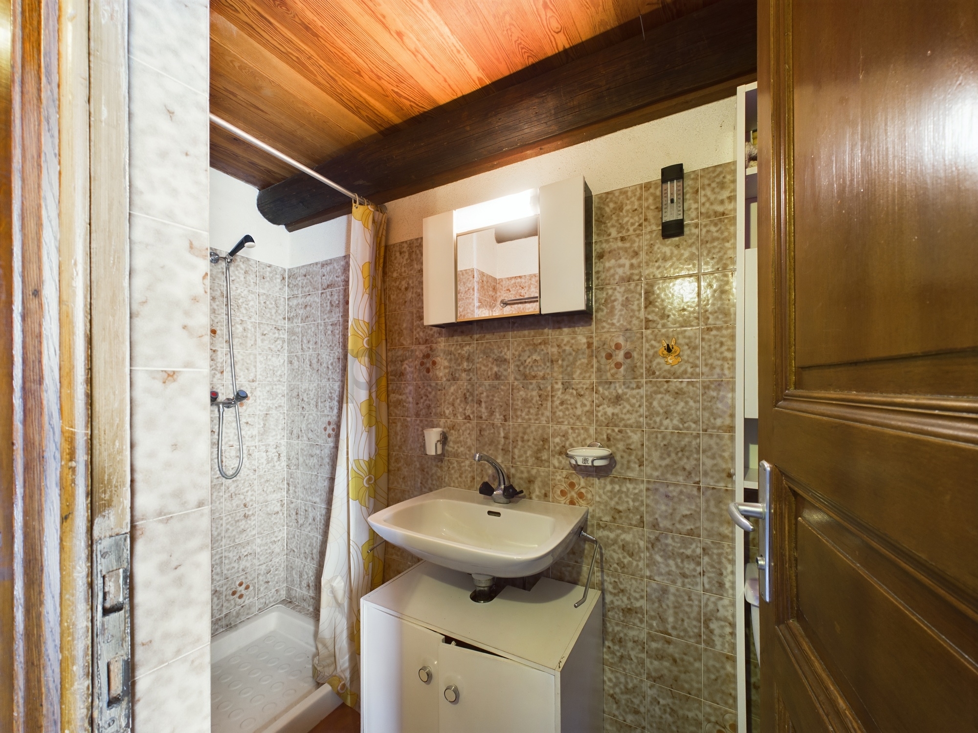 Kleines Badezimmer mit Dusche und Waschbecken