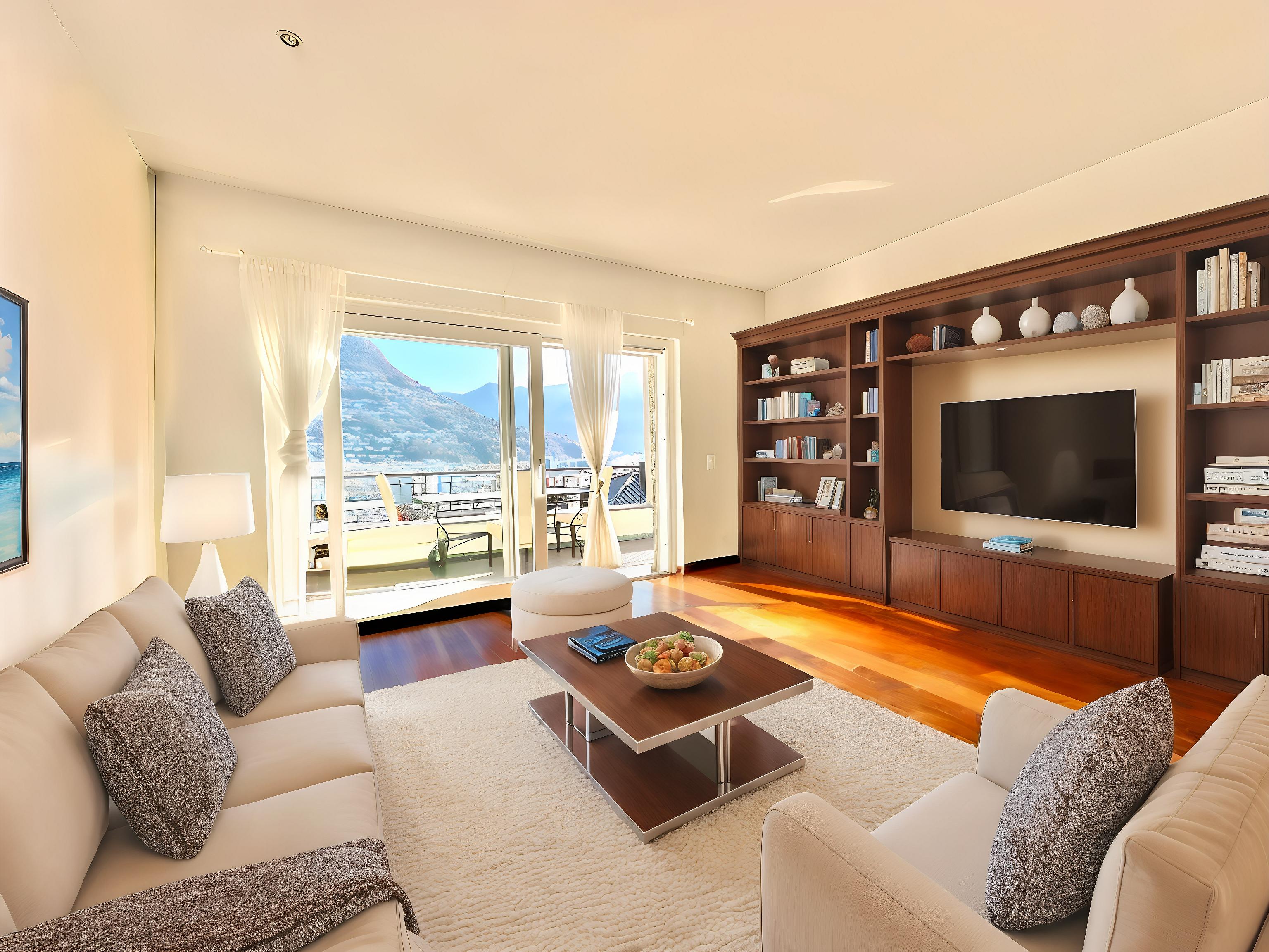 Helles Wohnzimmer mit Meer- und Bergblick