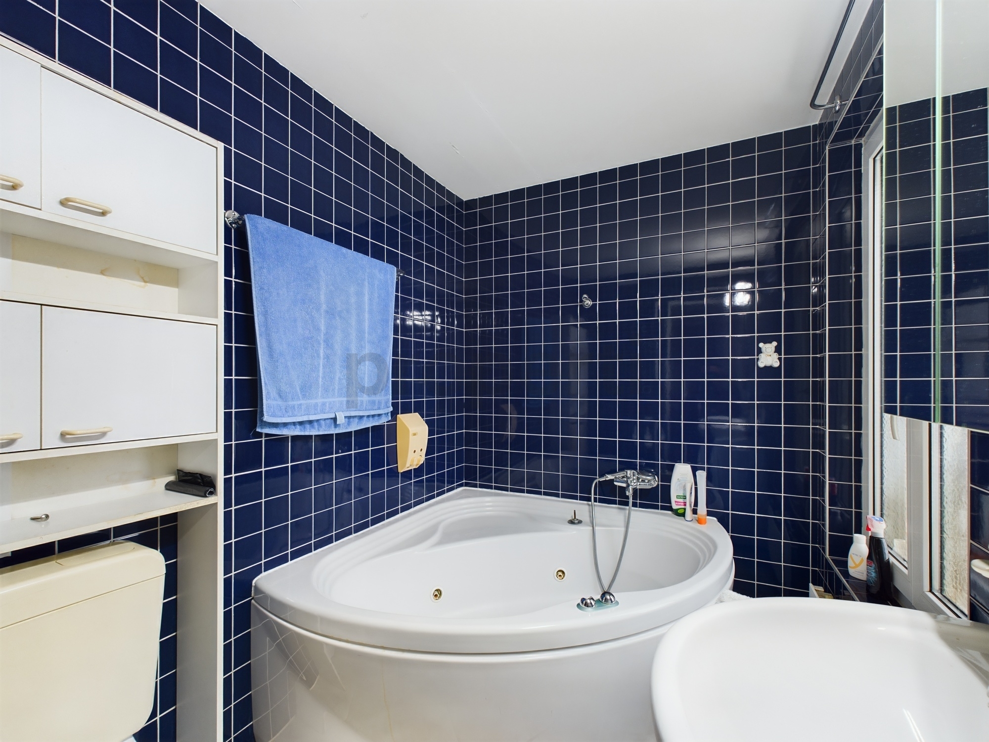 Badezimmer mit dunkelblauen Fliesen und Whirlpool-Badewanne