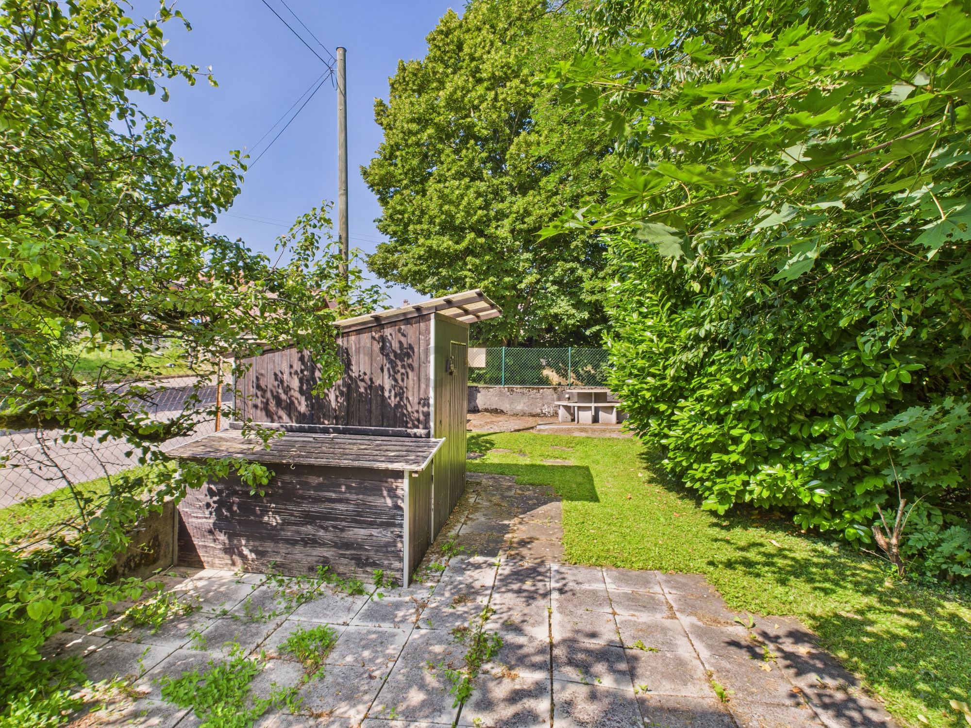 Großer grüner Garten mit Holzschuppen