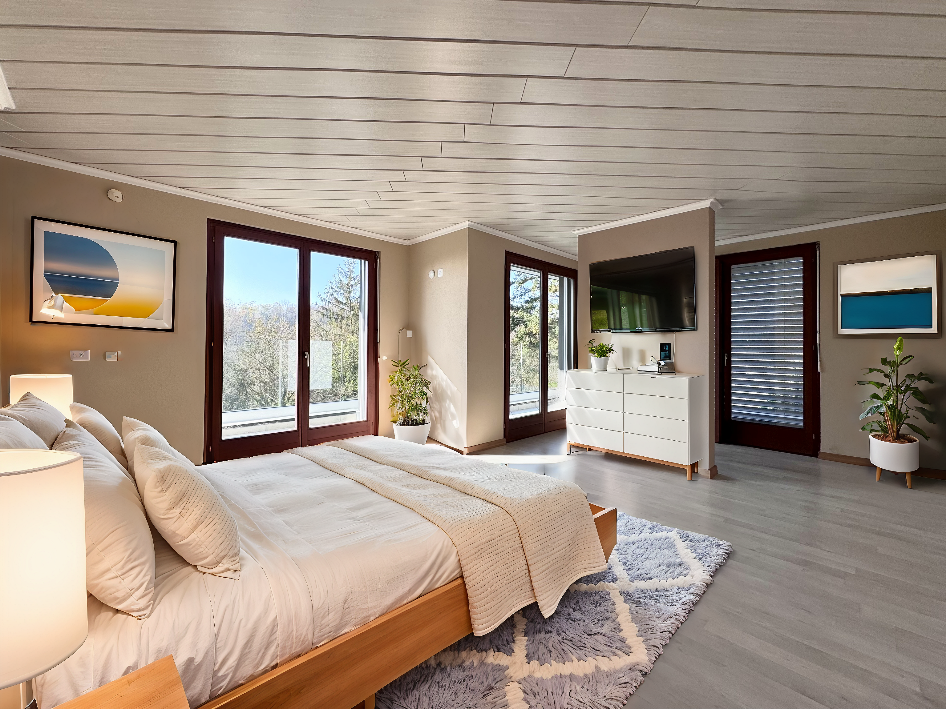 Helles Schlafzimmer mit großem Fensterbereich