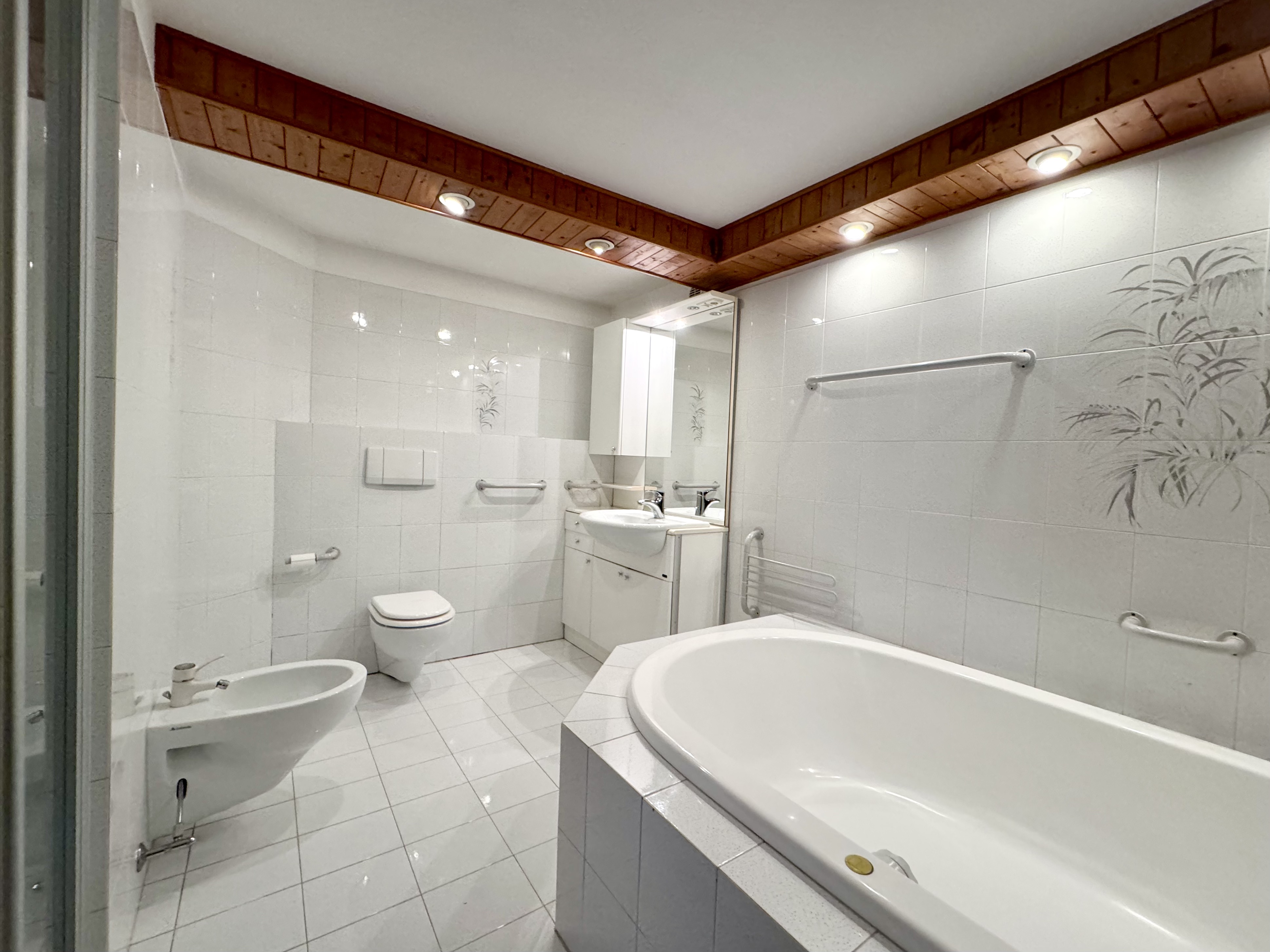 Helles Badezimmer mit Badewanne und Bidet