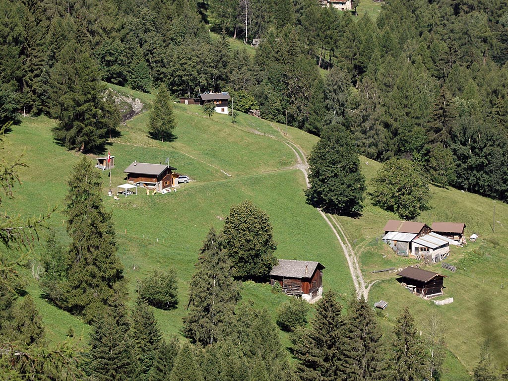 Alpine Wiese mit verstreuten Hütten